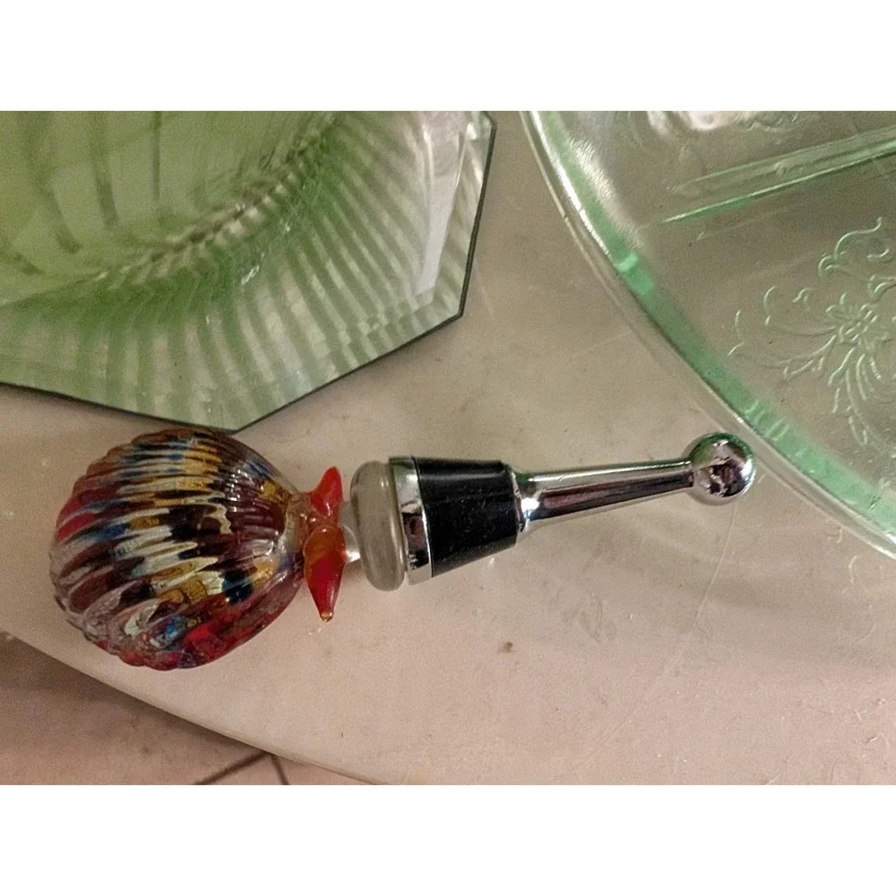 Retired Pier 1 Glass Vase W/ Green Stripes & Pier 1 Blown Glass Shell Stopper
